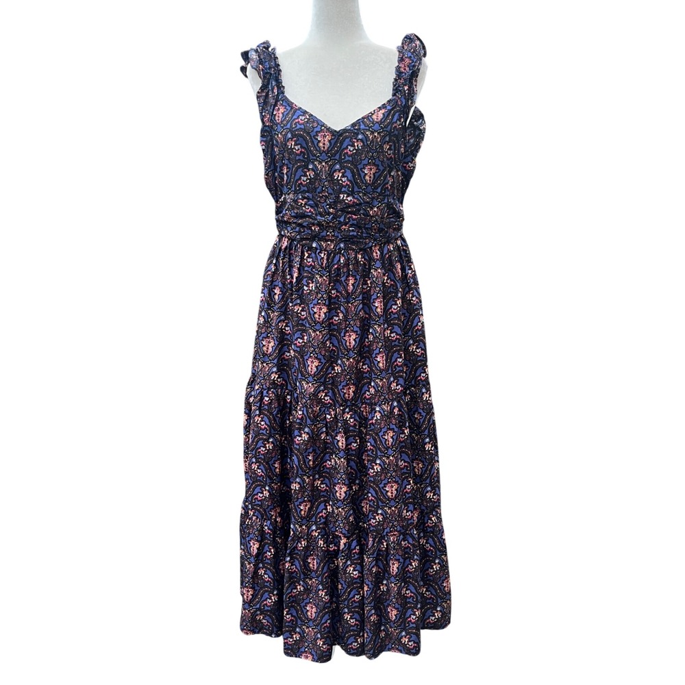 New Caroline Constas Women Navy Pansy Print Ruffle Tiered Smocked Maxi Dress L - Picture 2 of 13